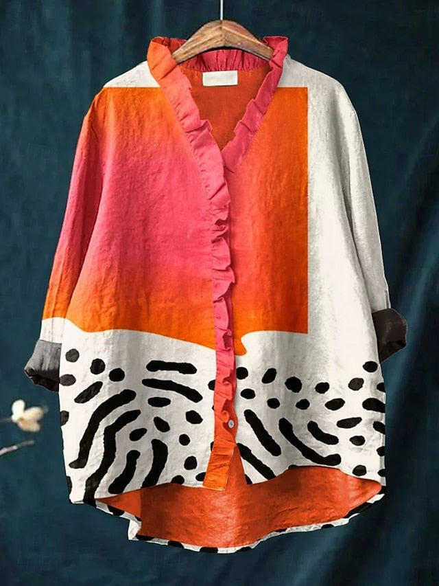 Calysta - Blusa Esvoaçante com folhos e Estampado Abstrato