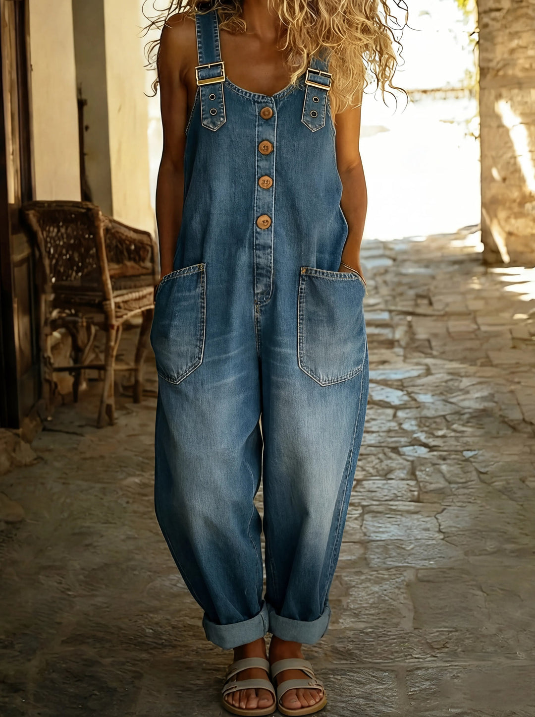 Chamodi - Macacão Jeans Casual Com Fivela Ajustável