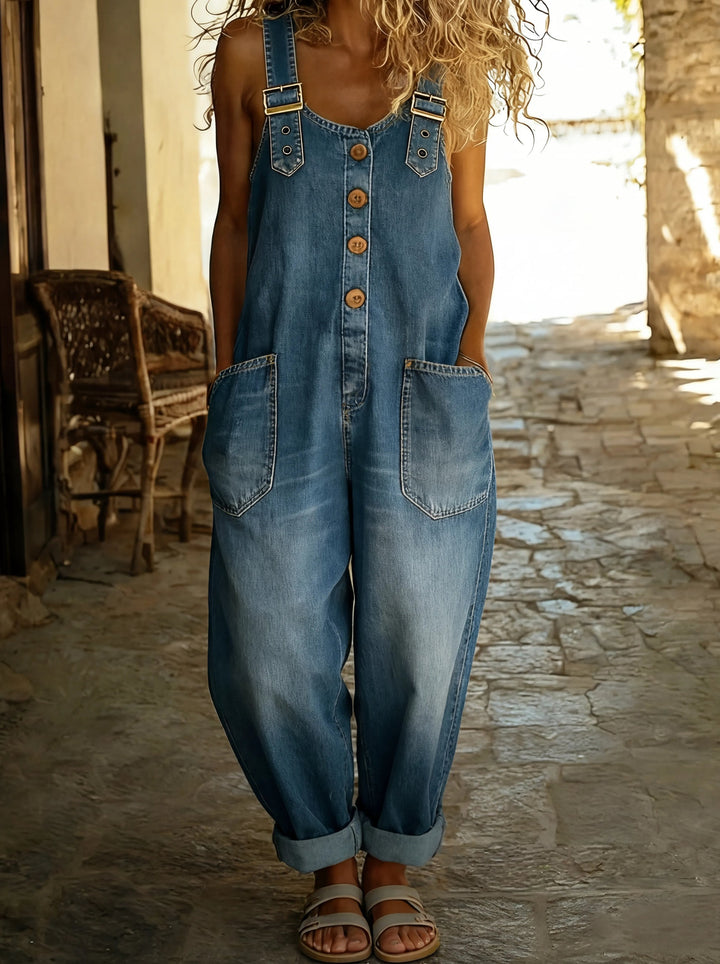 Chamodi - Macacão Jeans Casual Com Fivela Ajustável