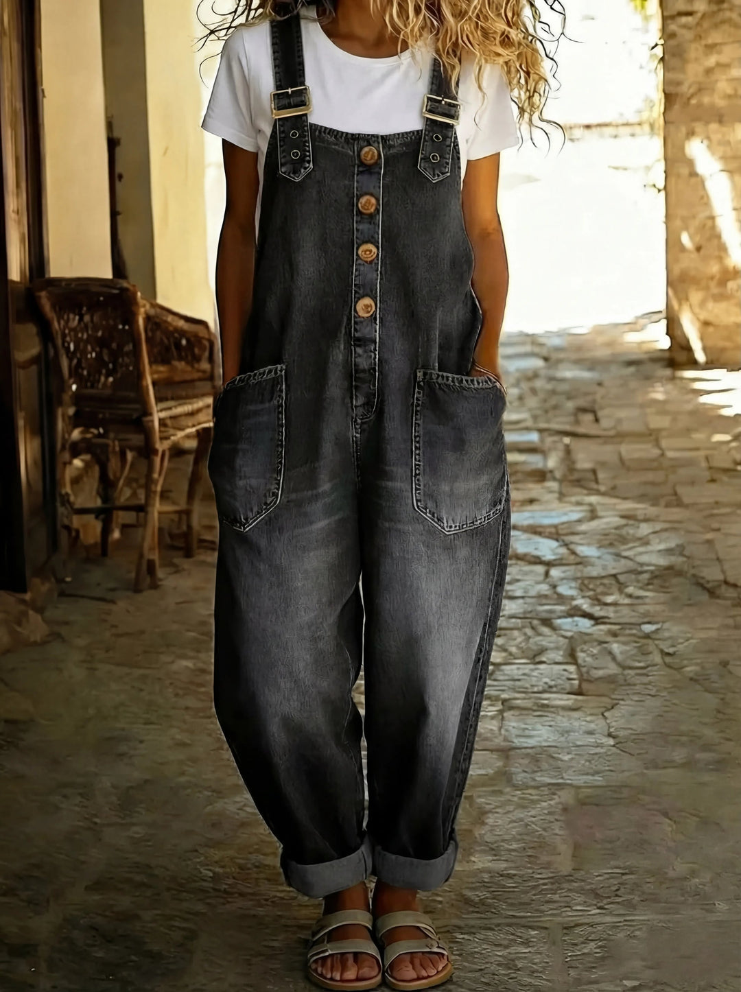 Chamodi - Macacão Jeans Casual Com Fivela Ajustável
