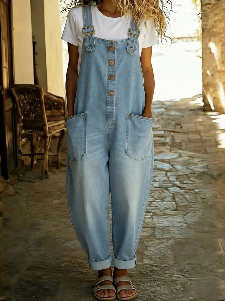Chamodi - Macacão Jeans Casual Com Fivela Ajustável