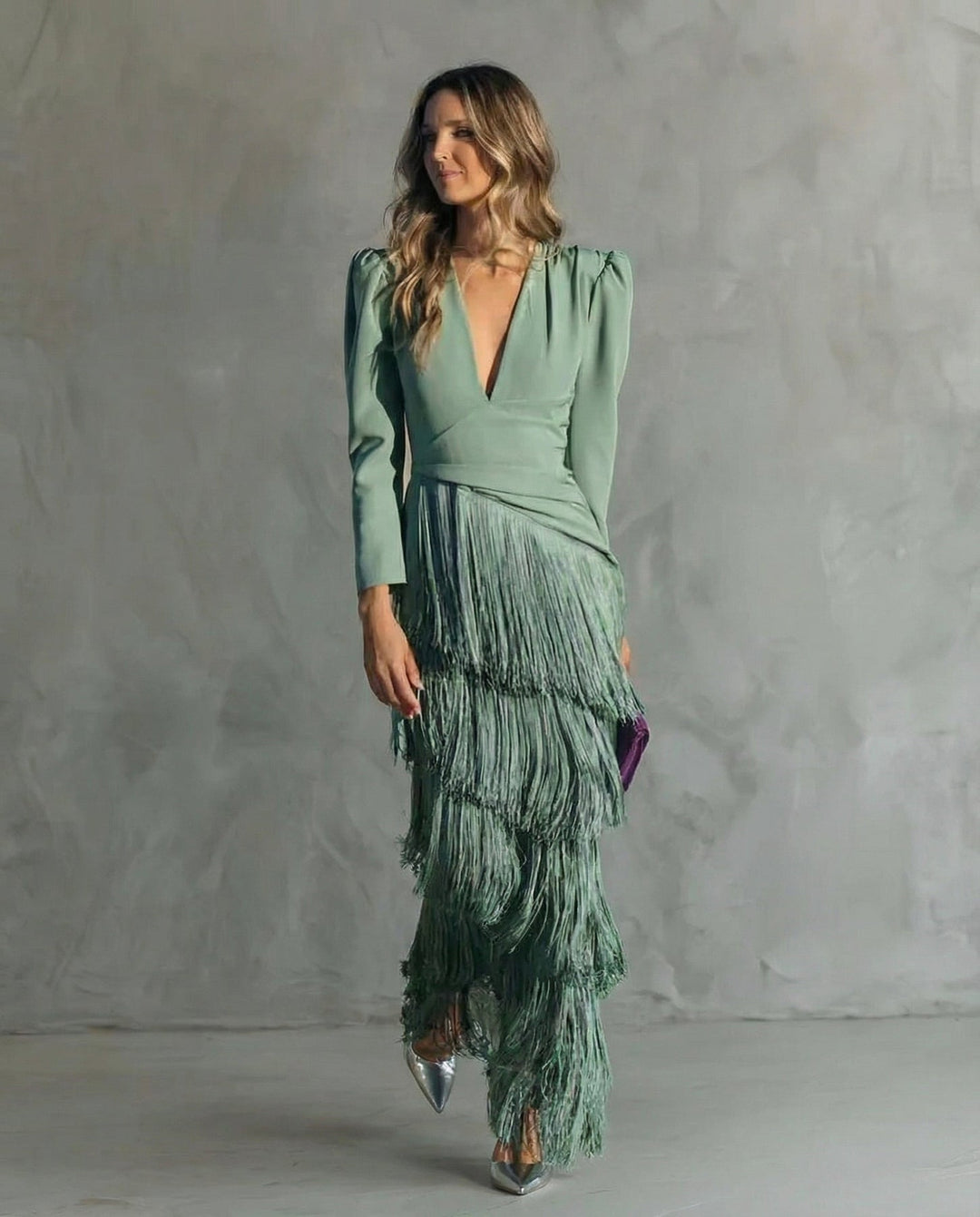 Nipuni - Vestido Elegante Com Mangas Com Franjas