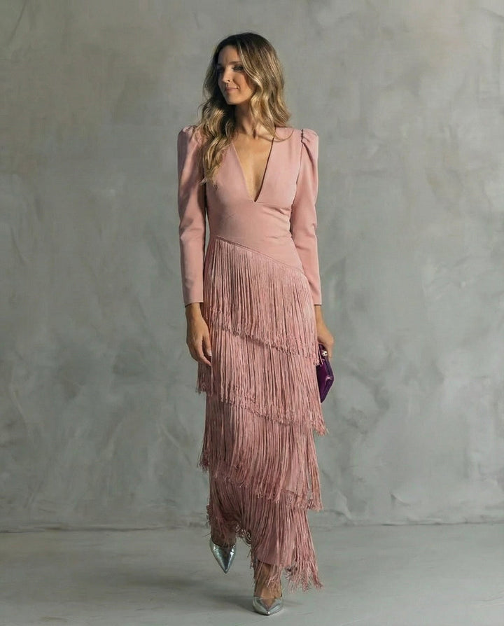 Nipuni - Vestido Elegante Com Mangas Com Franjas