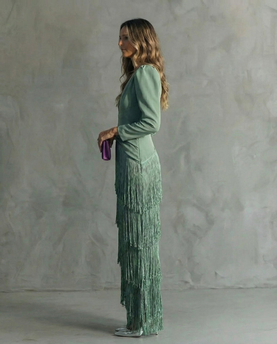 Nipuni - Vestido Elegante Com Mangas Com Franjas