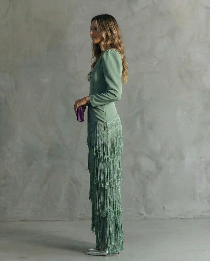 Nipuni - Vestido Elegante Com Mangas Com Franjas