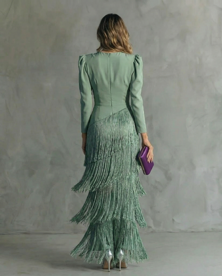 Nipuni - Vestido Elegante Com Mangas Com Franjas