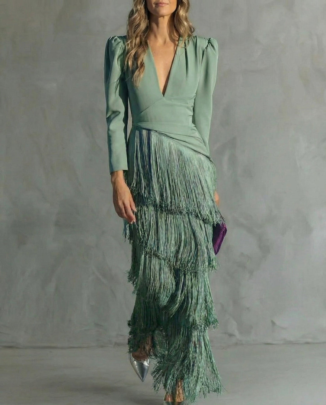 Nipuni - Vestido Elegante Com Mangas Com Franjas