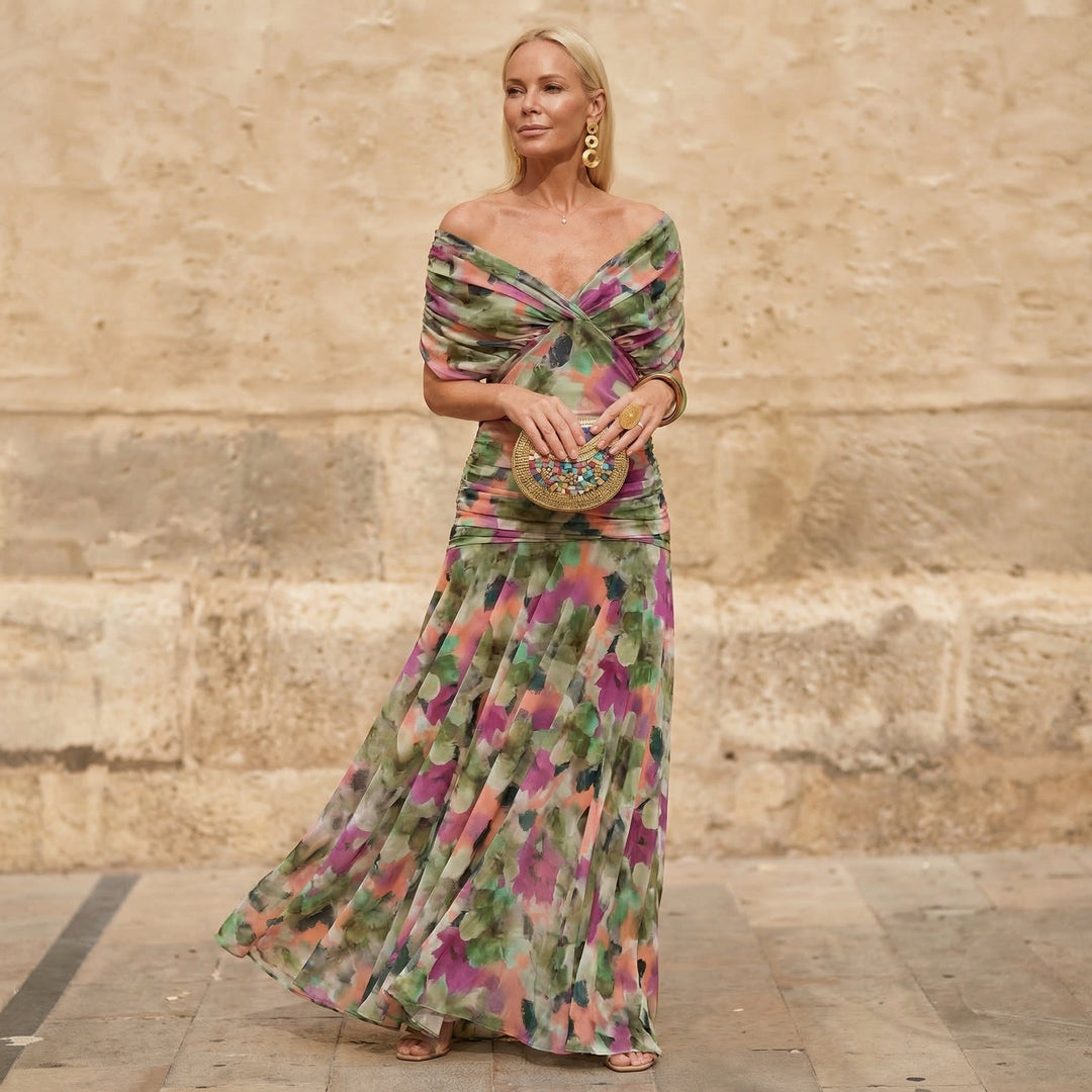 Nelyssa - Vestido Maxi Floral com Ombros Descobertos