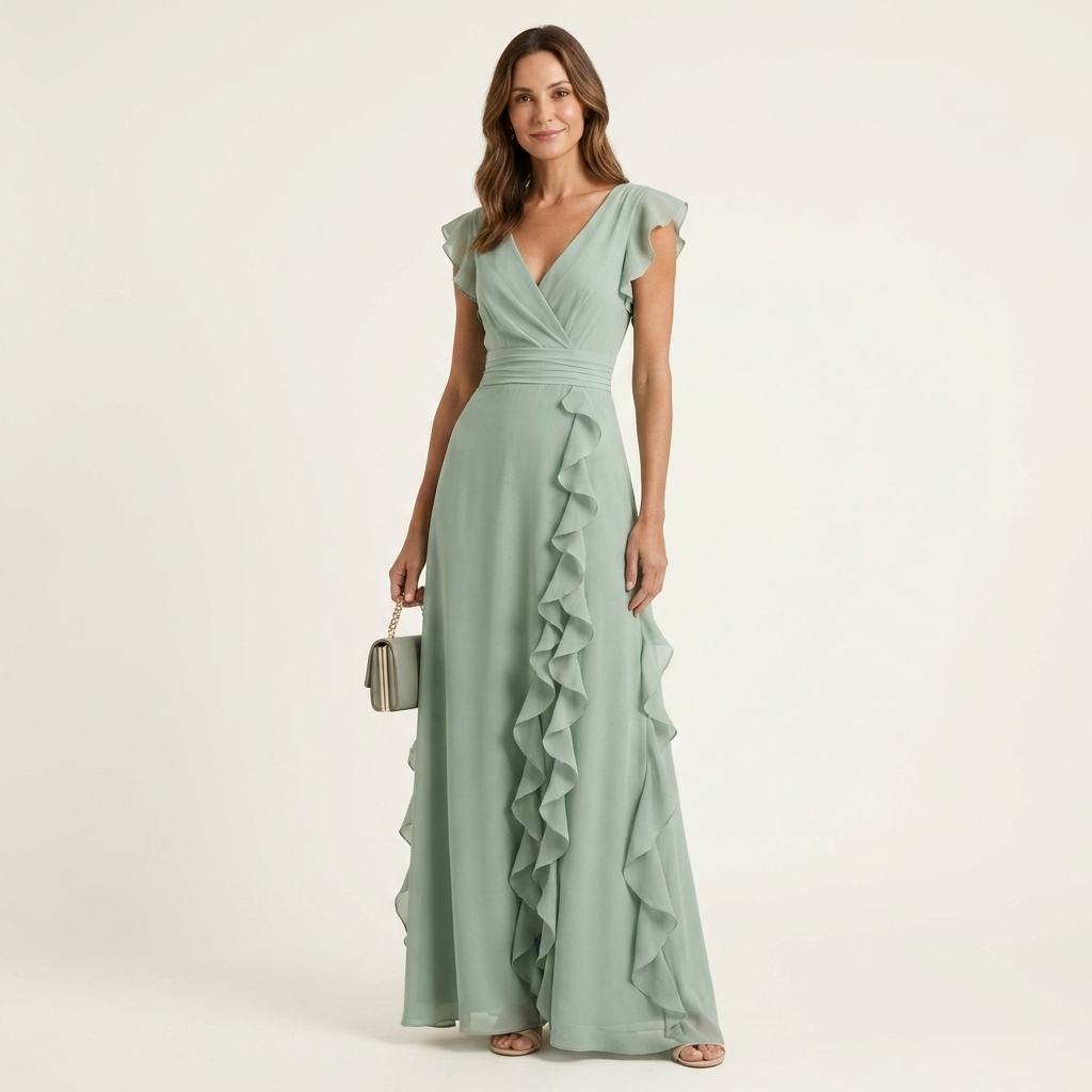 Nellyana - Vestido Maxi Casual Com Decote Em V, Mangas Esvoaçantes E Folhos