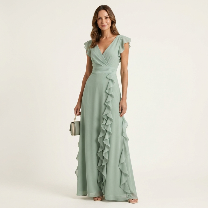 Nellyana - Vestido Maxi Casual Com Decote Em V, Mangas Esvoaçantes E Folhos
