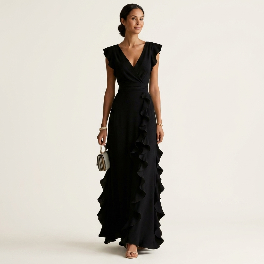 Nellyana - Vestido Maxi Casual Com Decote Em V, Mangas Esvoaçantes E Folhos
