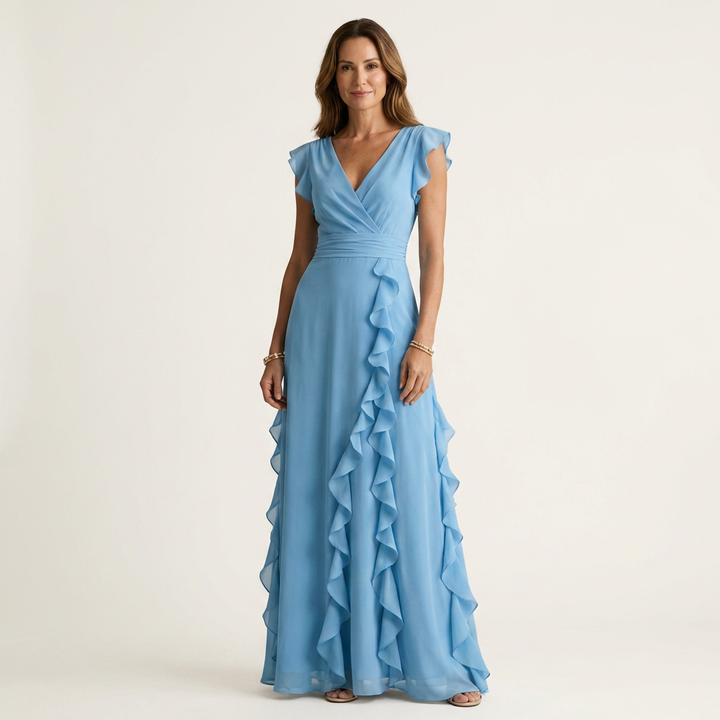 Nellyana - Vestido Maxi Casual Com Decote Em V, Mangas Esvoaçantes E Folhos