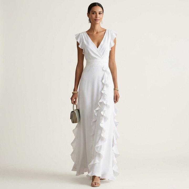 Nellyana - Vestido Maxi Casual Com Decote Em V, Mangas Esvoaçantes E Folhos