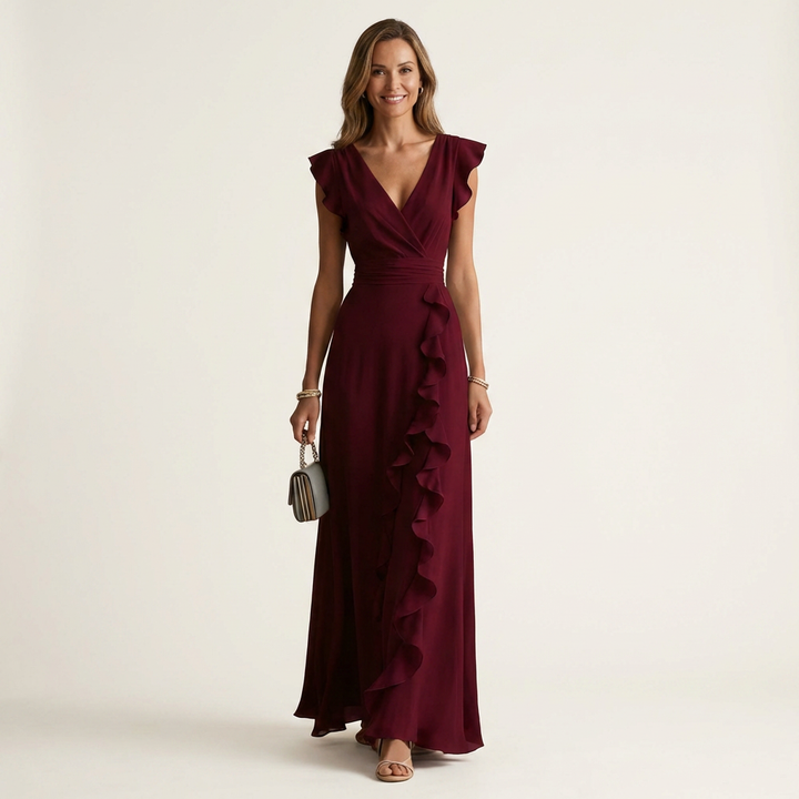 Nellyana - Vestido Maxi Casual Com Decote Em V, Mangas Esvoaçantes E Folhos