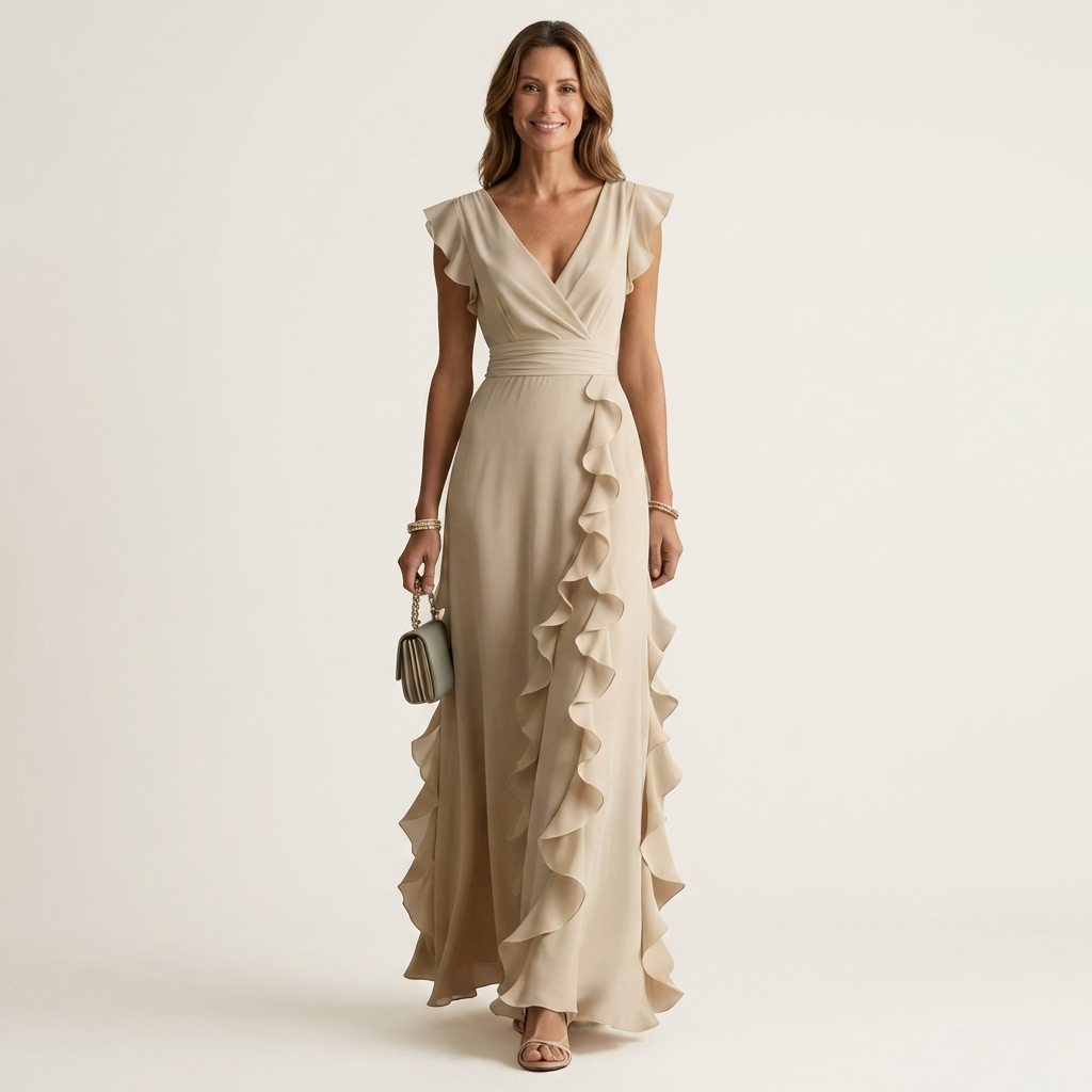 Nellyana - Vestido Maxi Casual Com Decote Em V, Mangas Esvoaçantes E Folhos