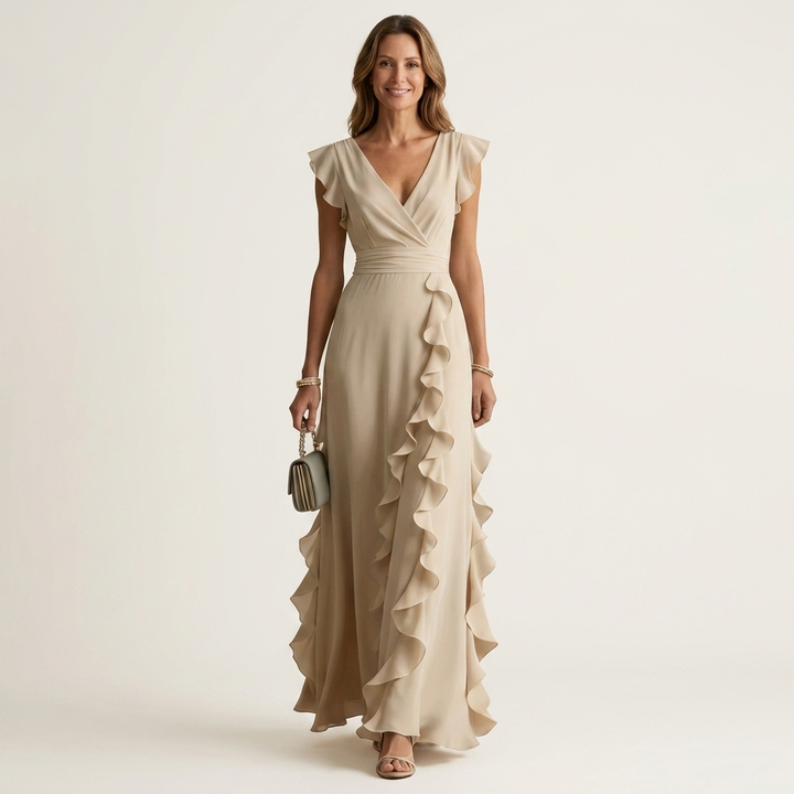 Nellyana - Vestido Maxi Casual Com Decote Em V, Mangas Esvoaçantes E Folhos