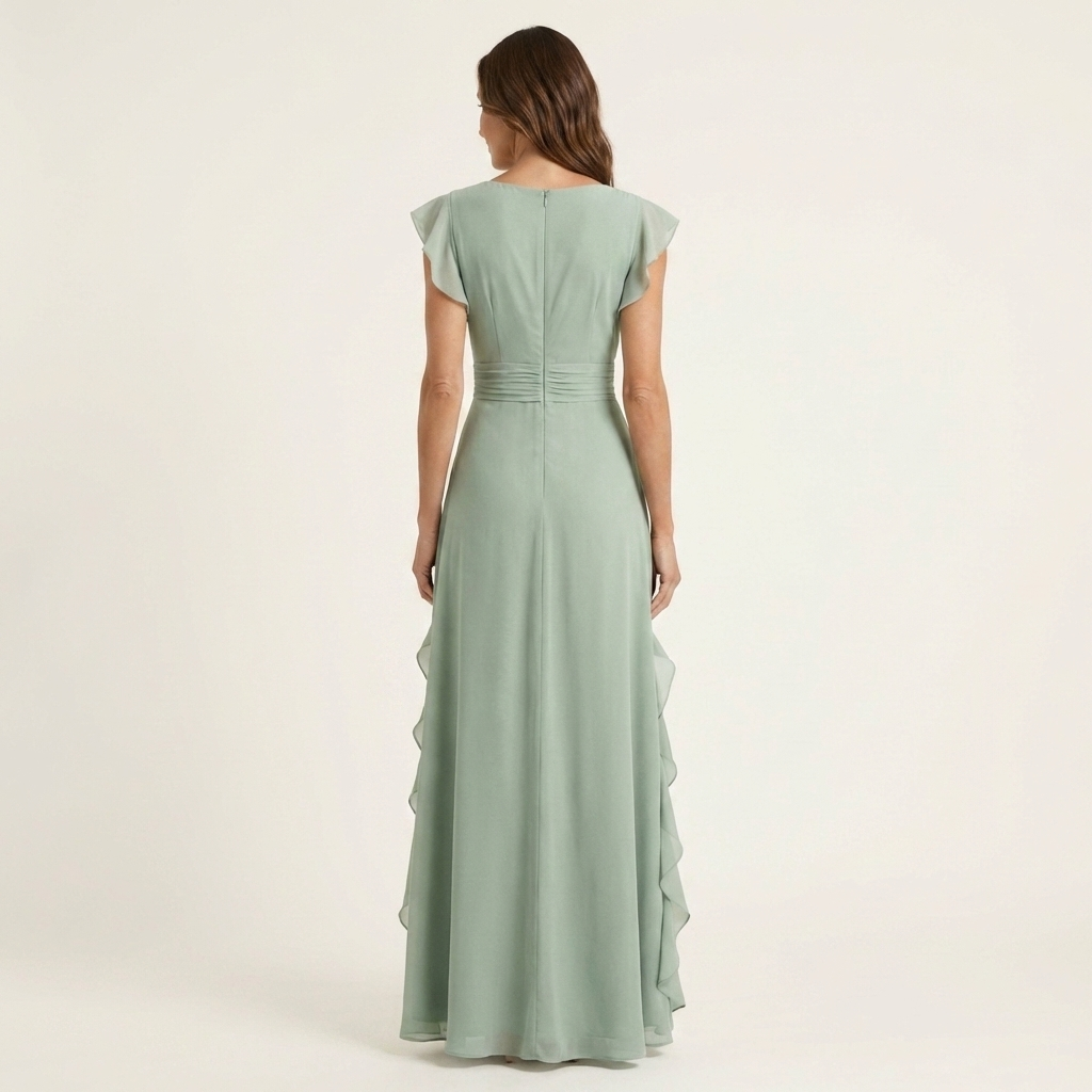Nellyana - Vestido Maxi Casual Com Decote Em V, Mangas Esvoaçantes E Folhos