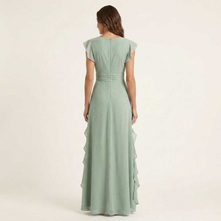 Nellyana - Vestido Maxi Casual Com Decote Em V, Mangas Esvoaçantes E Folhos