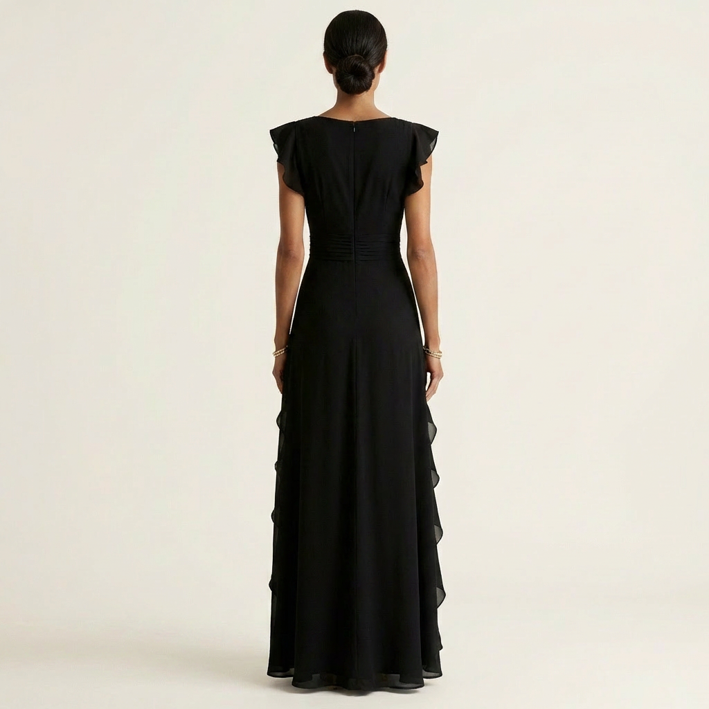 Nellyana - Vestido Maxi Casual Com Decote Em V, Mangas Esvoaçantes E Folhos