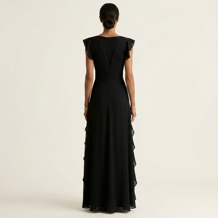 Nellyana - Vestido Maxi Casual Com Decote Em V, Mangas Esvoaçantes E Folhos