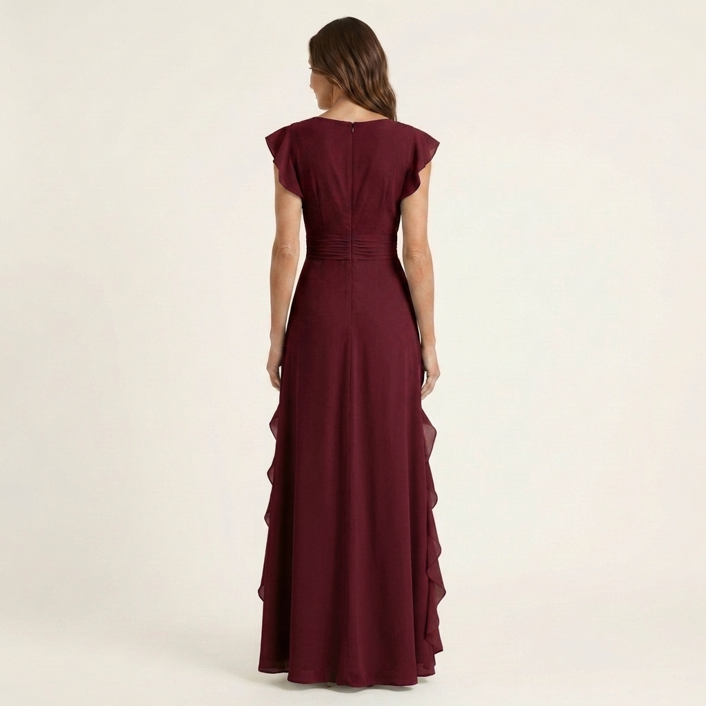 Nellyana - Vestido Maxi Casual Com Decote Em V, Mangas Esvoaçantes E Folhos