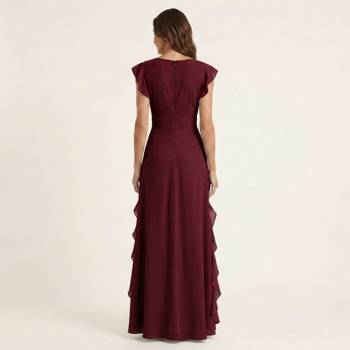 Nellyana - Vestido Maxi Casual Com Decote Em V, Mangas Esvoaçantes E Folhos