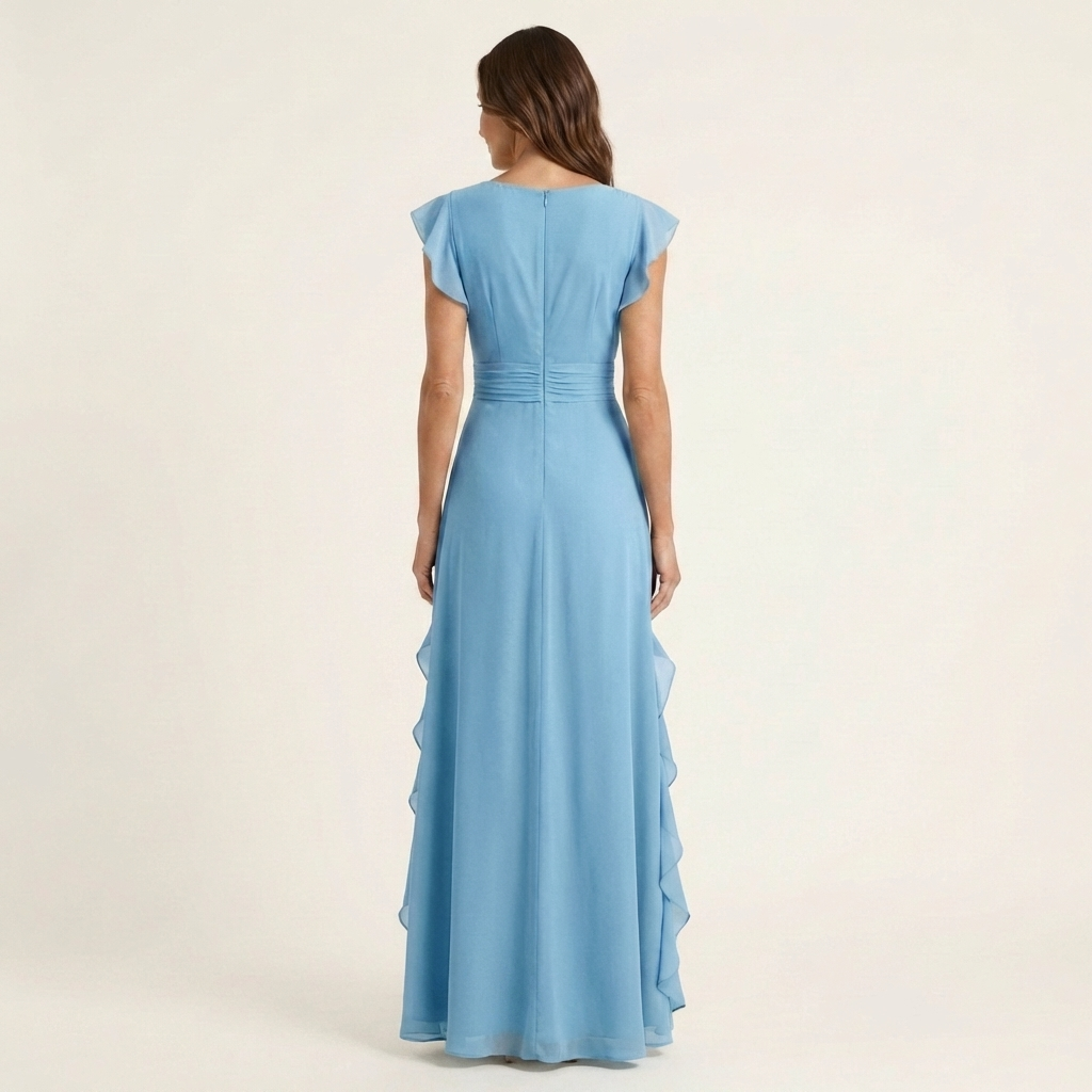 Nellyana - Vestido Maxi Casual Com Decote Em V, Mangas Esvoaçantes E Folhos