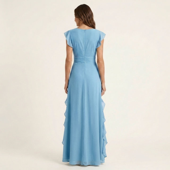 Nellyana - Vestido Maxi Casual Com Decote Em V, Mangas Esvoaçantes E Folhos