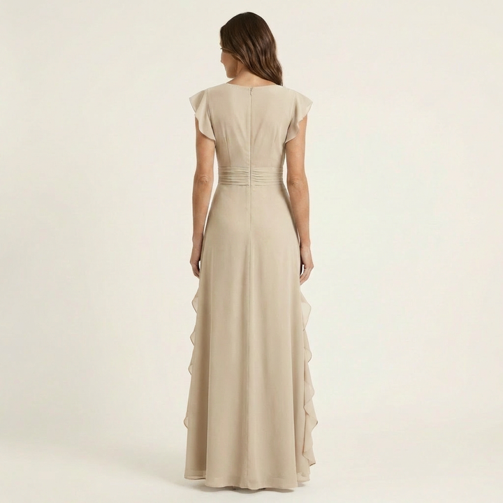 Nellyana - Vestido Maxi Casual Com Decote Em V, Mangas Esvoaçantes E Folhos