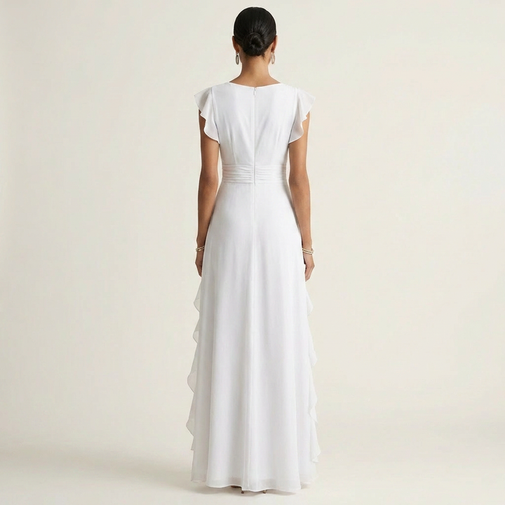 Nellyana - Vestido Maxi Casual Com Decote Em V, Mangas Esvoaçantes E Folhos