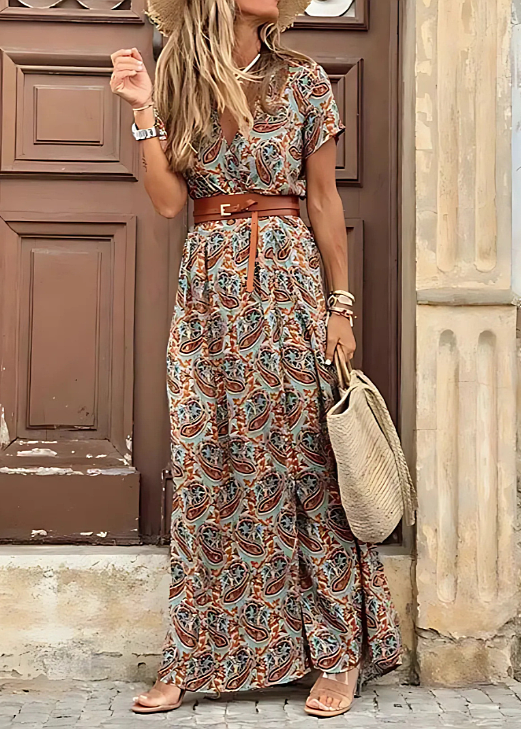 Briony - Vestido Longo Elegante com Estampa Paisley e Cinto