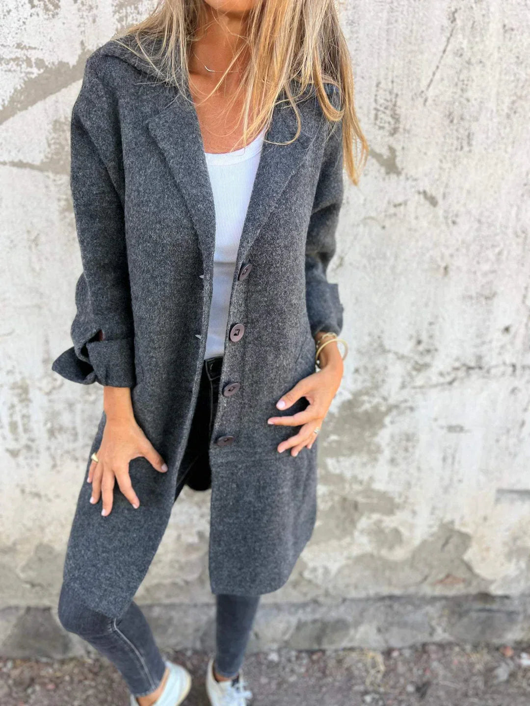 Baylea - Casaco Longo Casual de lã Com Lapela e Botões Simples
