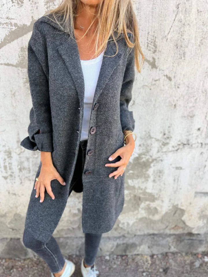 Baylea - Casaco Longo Casual de lã Com Lapela e Botões Simples