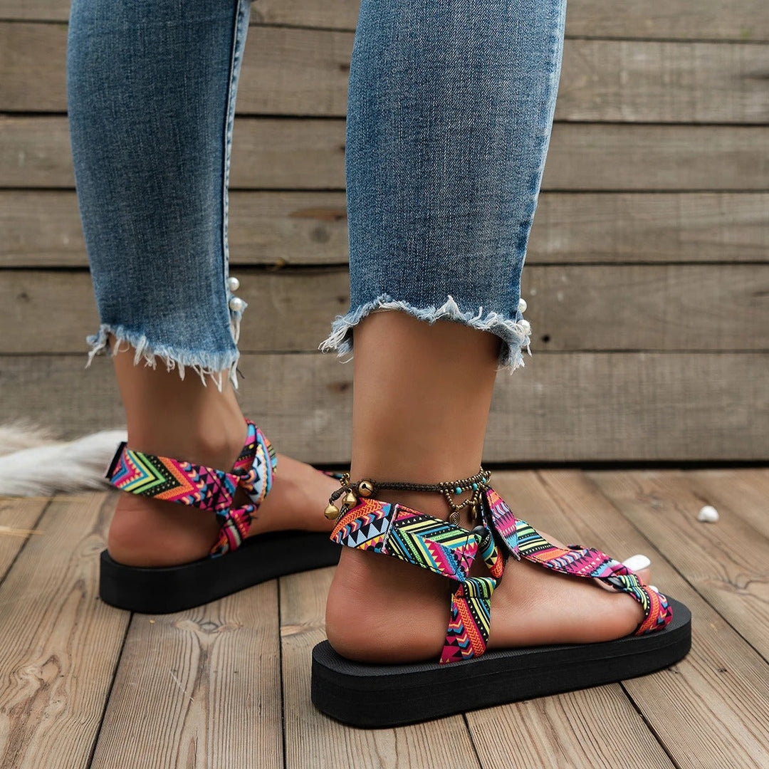 Maryane - Sandálias de Plataforma Com Velcro Estampadas