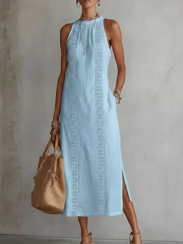 Devindi - Vestido Midi de Linho Com Gola Mandarim