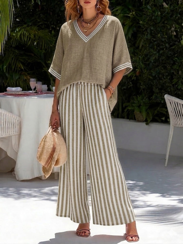 Rashika - Conjunto Elegante e Casual de Linho e Algodão às Riscas