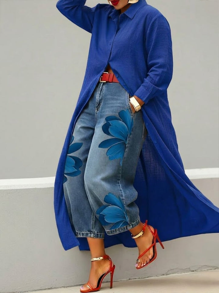Sherena - Vestido De Linho e Ganga Com Padrão Floral