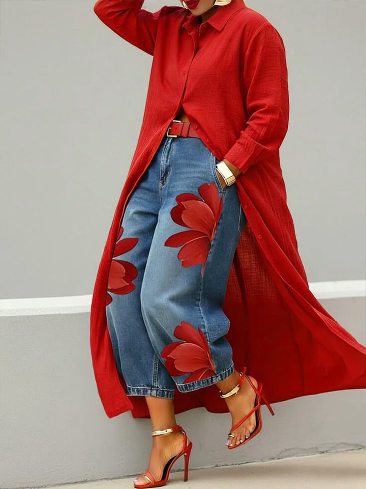Sherena - Vestido De Linho e Ganga Com Padrão Floral