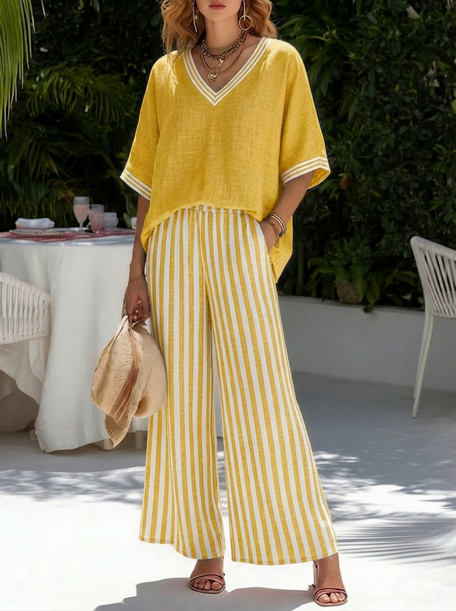 Rashika - Conjunto Elegante e Casual de Linho e Algodão às Riscas