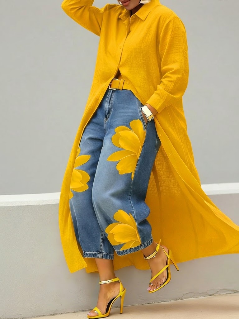 Sherena - Vestido De Linho e Ganga Com Padrão Floral
