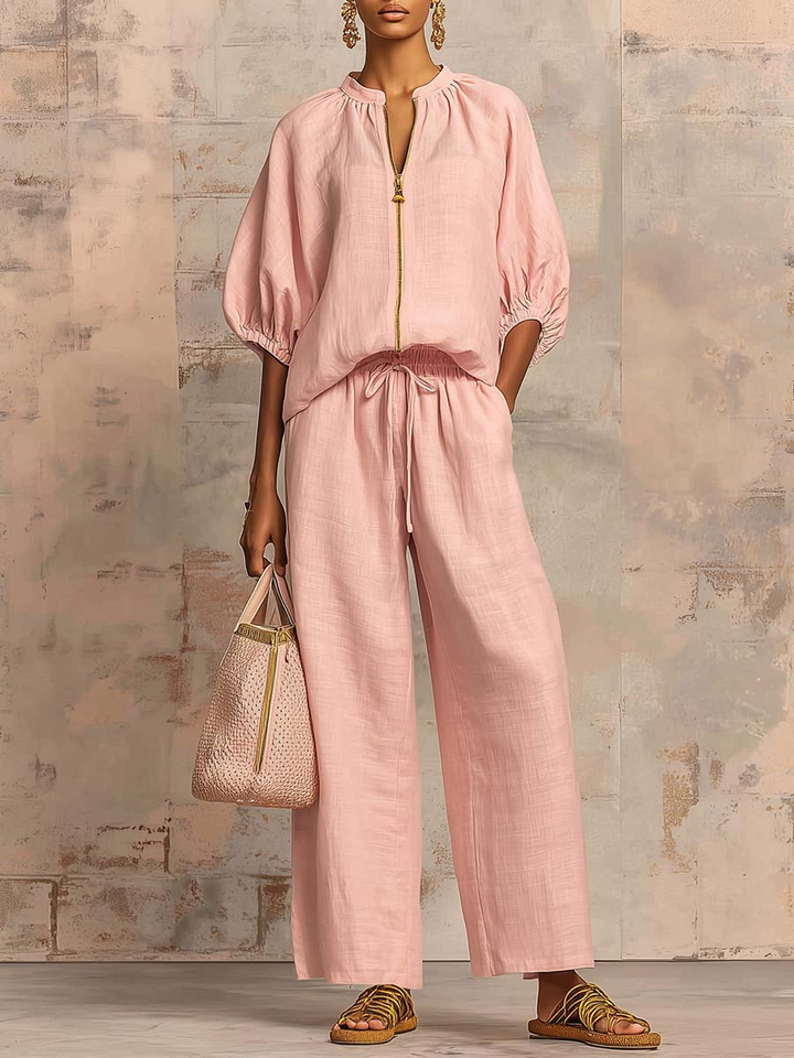 Alysha - Conjunto Elegante De Duas Peças Em Algodão E Linho