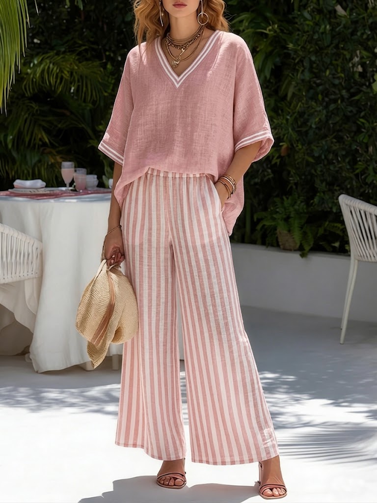 Rashika - Conjunto Elegante e Casual de Linho e Algodão às Riscas