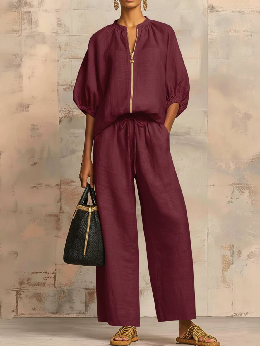 Alysha - Conjunto Elegante De Duas Peças Em Algodão E Linho