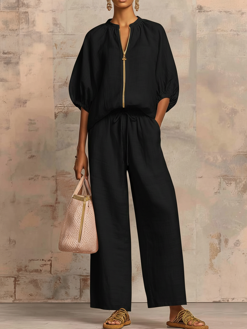 Alysha - Conjunto Elegante De Duas Peças Em Algodão E Linho