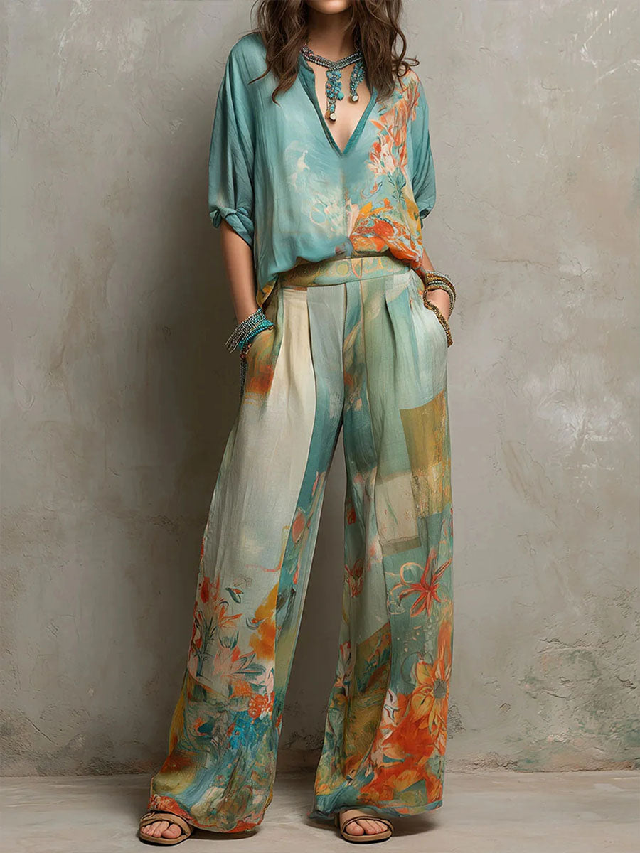 Chiaran - Conjunto com Padrão Floral e Calças de Perna Larga