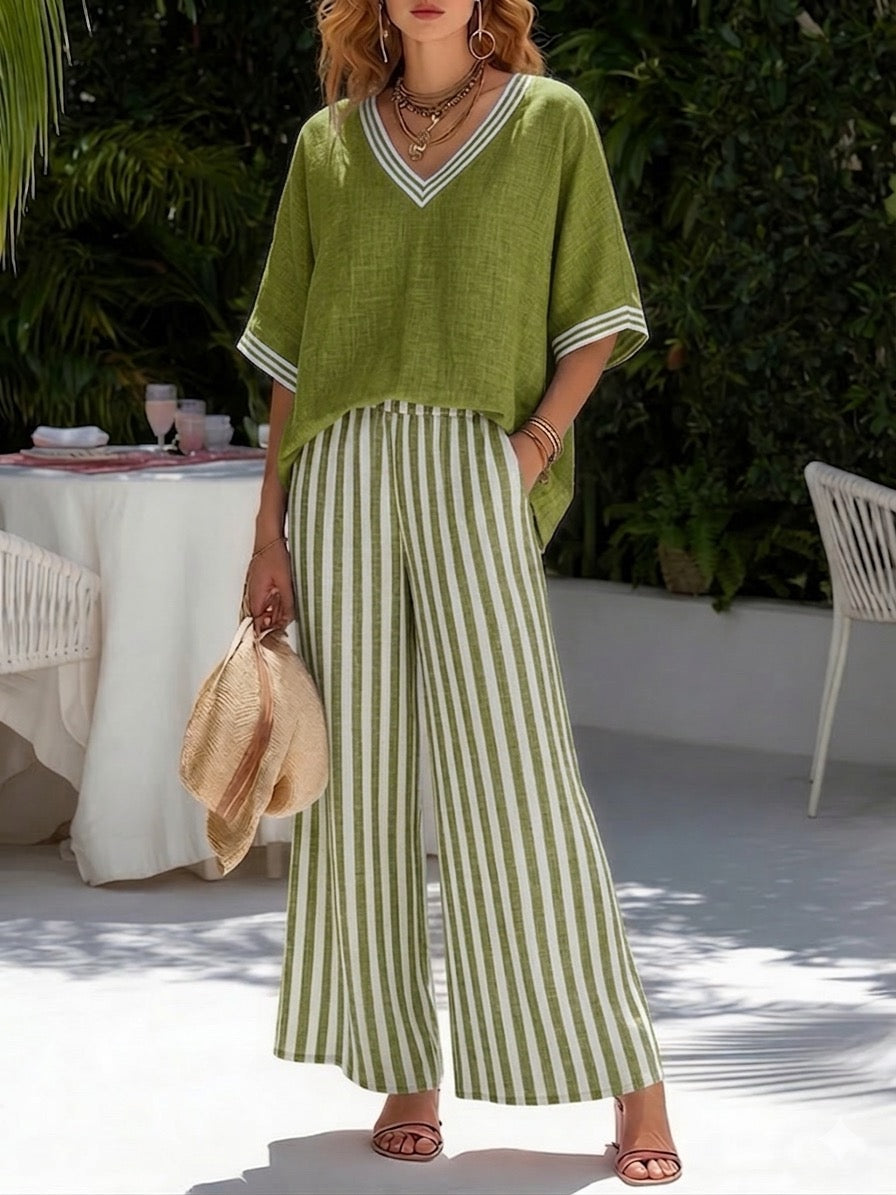 Rashika - Conjunto Elegante e Casual de Linho e Algodão às Riscas