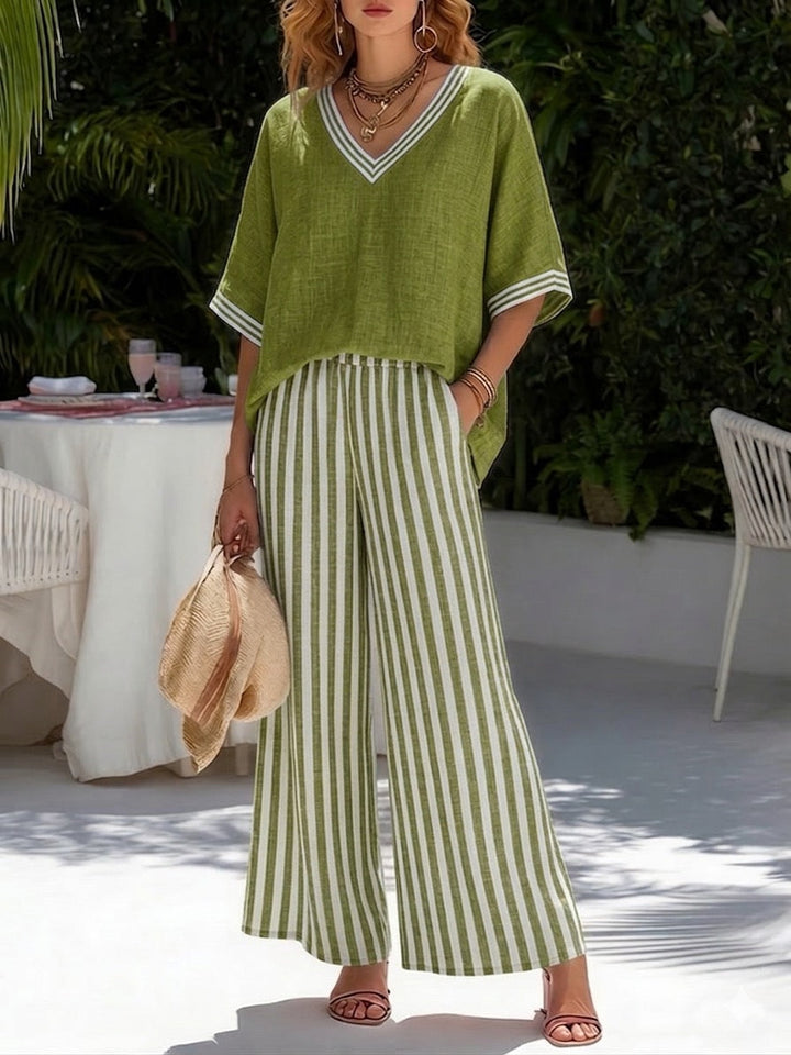 Rashika - Conjunto Elegante e Casual de Linho e Algodão às Riscas