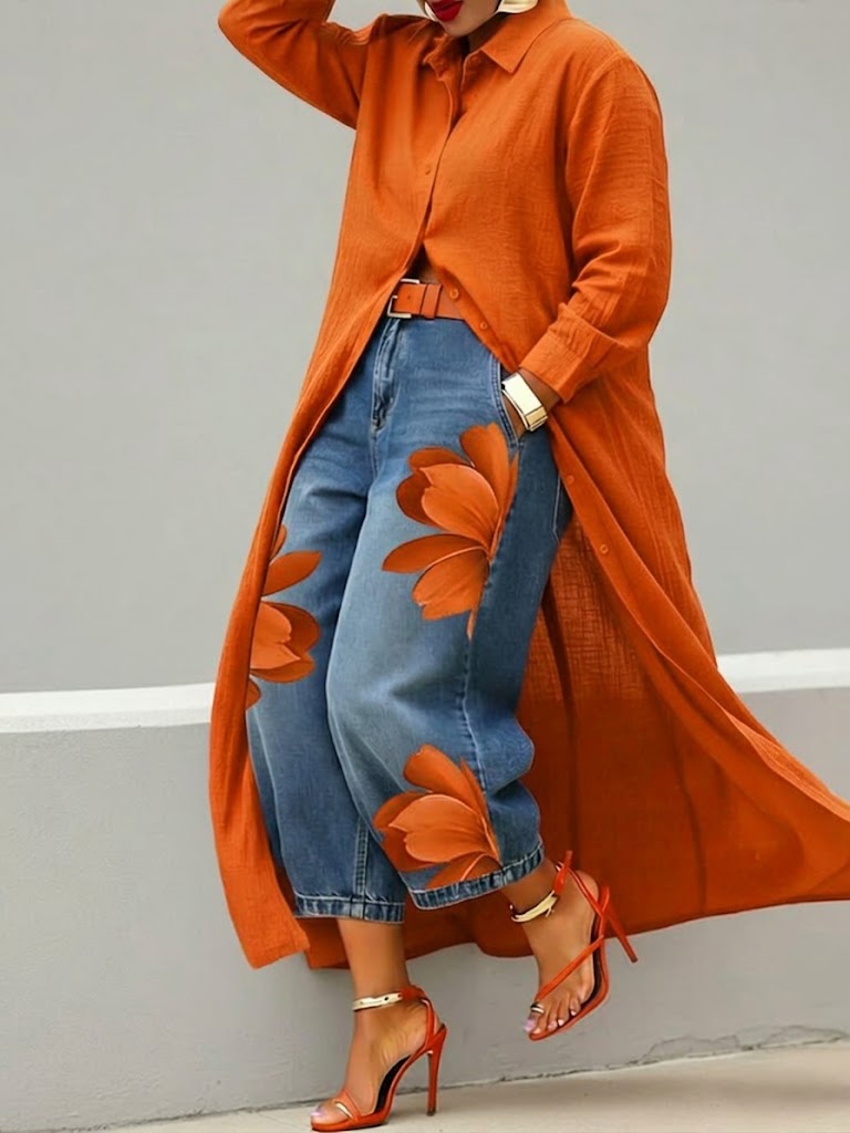 Sherena - Vestido De Linho e Ganga Com Padrão Floral