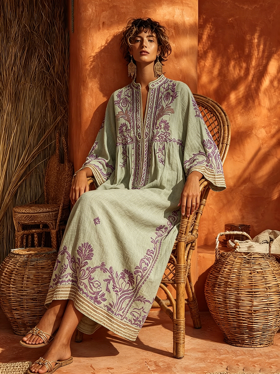 Sariana - Vestido Boho Bordado Com Decote Em V