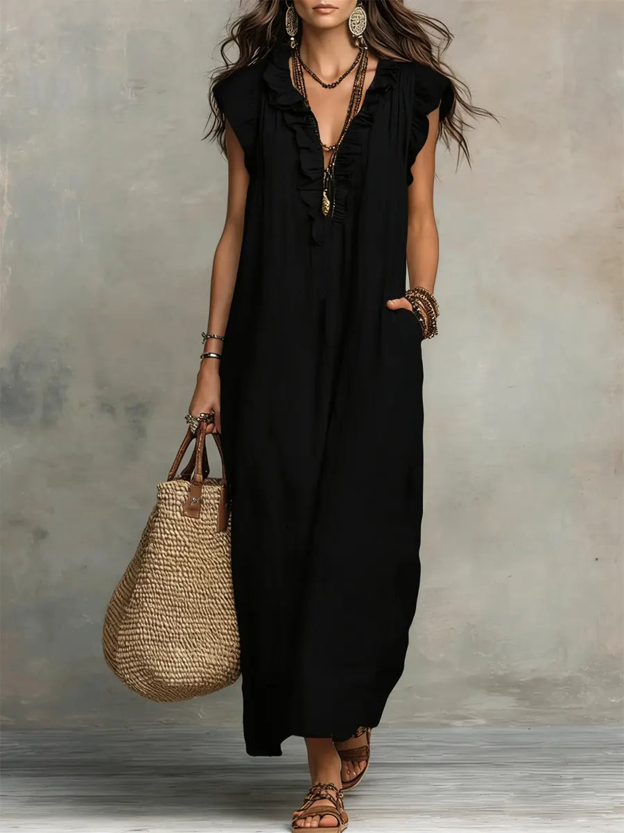 Uanavi - Vestido Longo De Estilo Boémio Em Linho